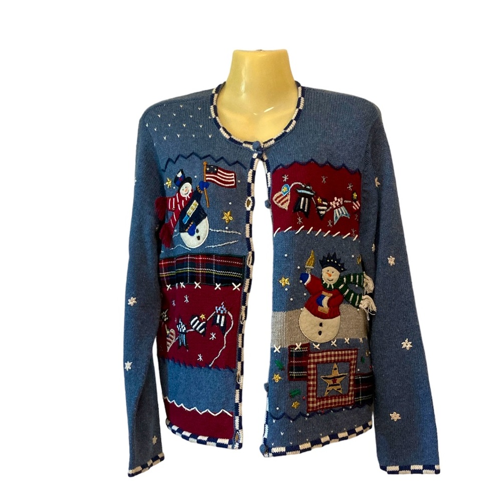 Planet & Company Snowmen Cardigan Sweater Christmas Holiday Festive Med Petite